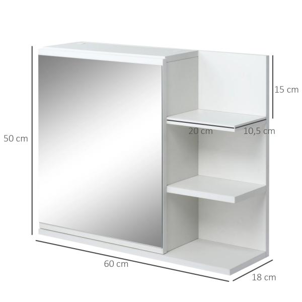 Armário Casa de Banho com Espelho Montado na Parede com 3 Prateleiras Abertas e 1 Porta com Prateleira Interior Estilo Moderno 60x18x50cm Branco
