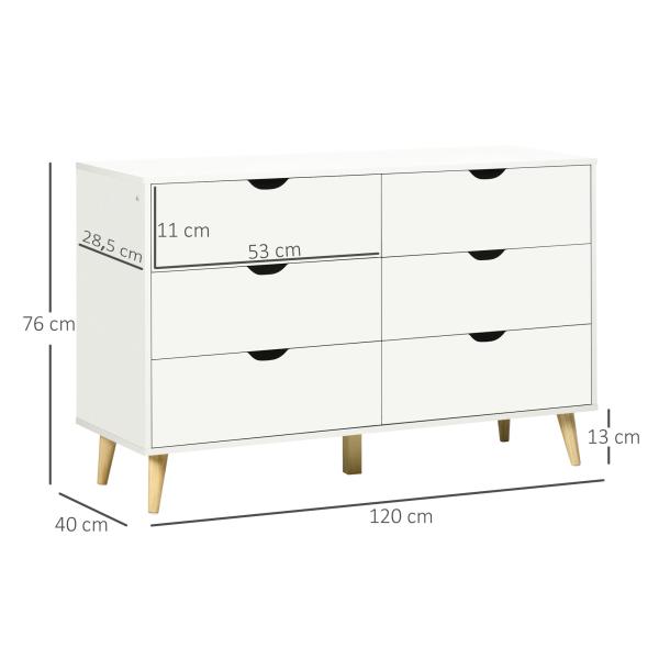 Cómoda com 6 Gavetas e Pés Elevados Cómoda para Dormitório Estilo Moderno Anti - Tombo 120x40x76 cm Branco