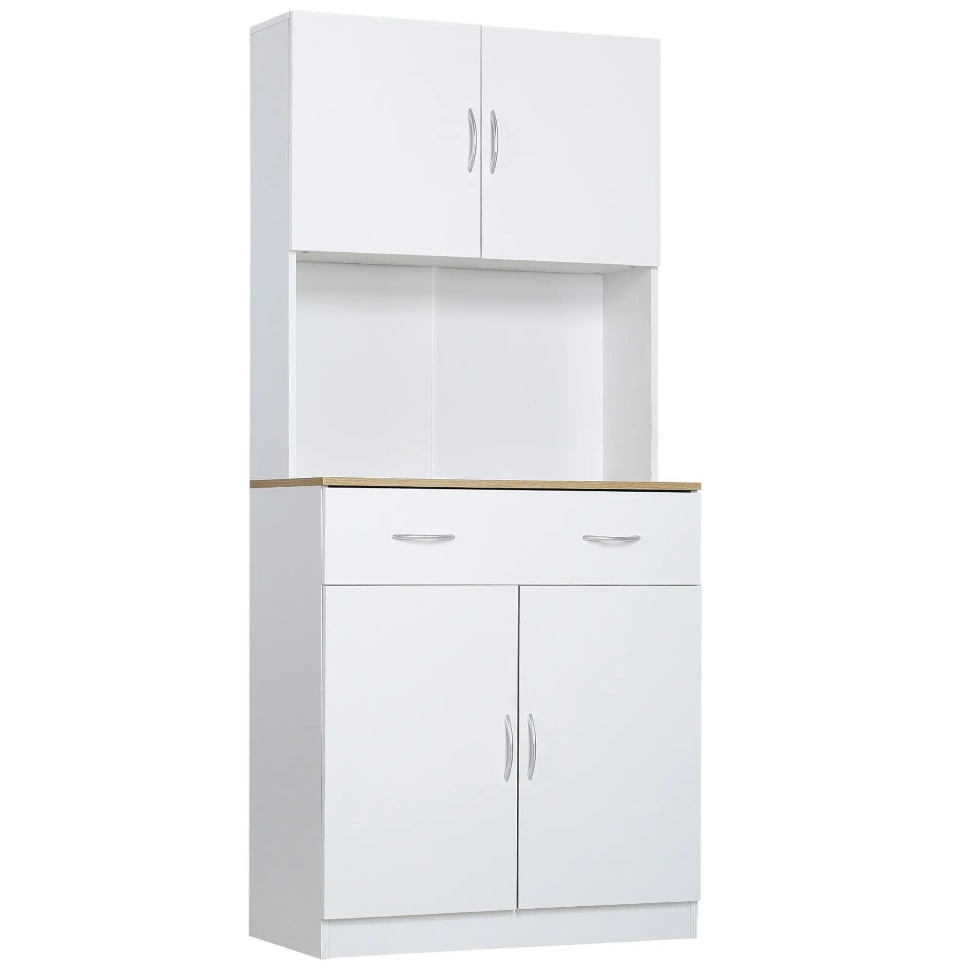 Armário de Cozinha com Gaveta 4 Portas e Prateleiras Interiores Ajustável em Altura Móvel Auxiliar de Armazenamento Moderno para Sala de Jantar Sala de Estar 80x40x180cm Branco
