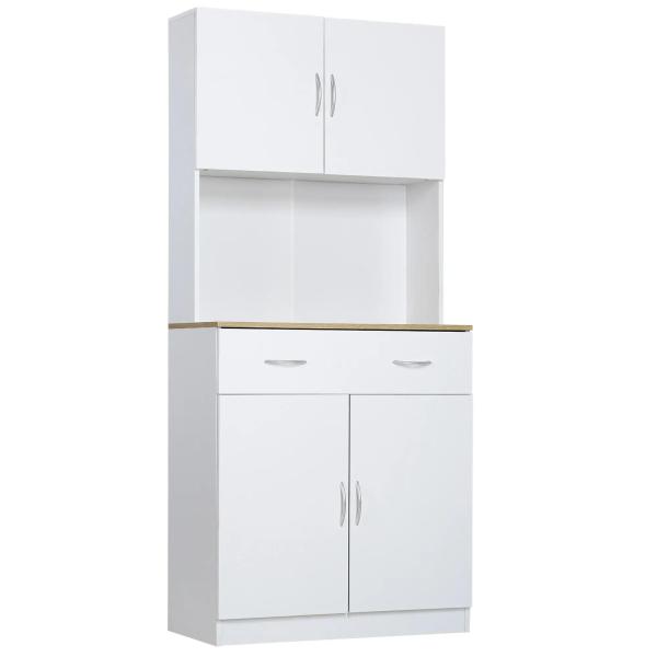 Armário de Cozinha com Gaveta 4 Portas e Prateleiras Interiores Ajustável em Altura Móvel Auxiliar de Armazenamento Moderno para Sala de Jantar Sala de Estar 80x40x180cm Branco