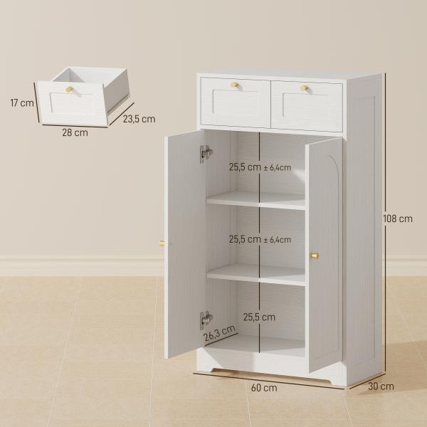 Armário de Casa de Banho Estreito com 2 Gavetas Prateleira Aberta e Porta com Painel Arqueado 60x30x108 cm Branco Texturizado