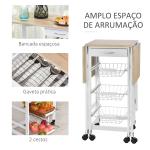 Carrinho de Cozinha Dobrável Carrinho Auxiliar com Rodas 1 Gaveta e 3 Cestos de Metal 97,2x37x77,5 cm Branco e Madeira