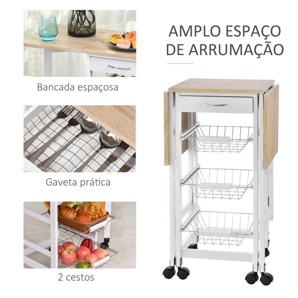 Carrinho de Cozinha Dobrável Carrinho Auxiliar com Rodas 1 Gaveta e 3 Cestos de Metal 97,2x37x77,5 cm Branco e Madeira