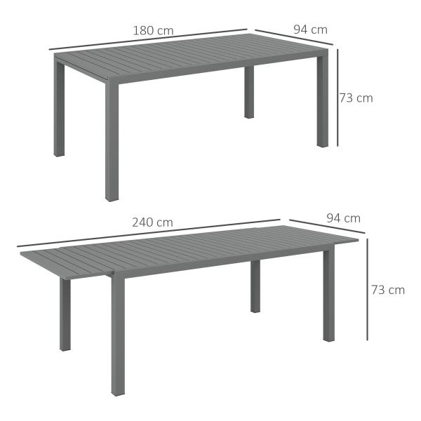 Mesa de Jardim Extensível Mesa de Terraço Retangular para 6 - 8 Pessoas Capacidade 50 kg 180/240x94x73 cm Cinza Escuro