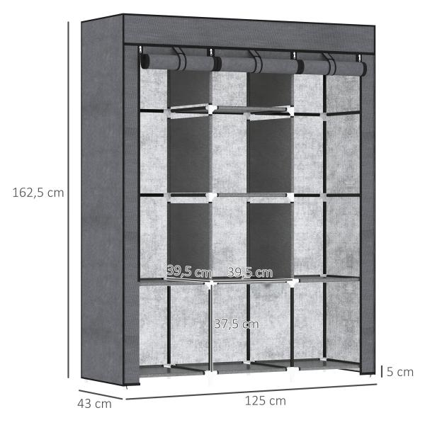 Roupeiro de Tecido Dobrável com 8 Prateleiras de Armazenamento e 2 Barras de Pendurar 125x43x162,5 cm Cinzento