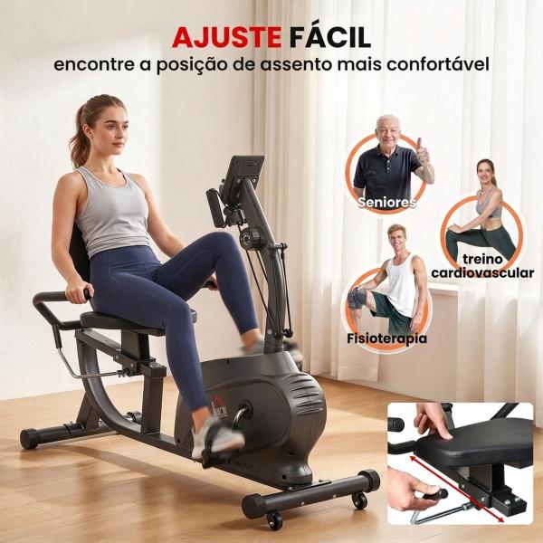 Bicicleta Estática com Encosto 8 Níveis de Resistência Bicicleta Banco Ajustável e Ecrã LCD 121 - 142x62x101 cm Preto