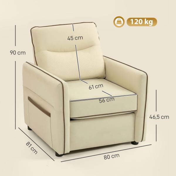 Poltrona Sala de Estar Estofada em Couro Sintético Poltrona Relax Moderna com Assento Largo Acolchoado Espesso 80x81x90 cm Bege