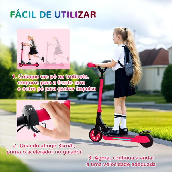 Trotinete Elétrica Dobrável para Crianças 120 W Autonomia 6 km e Máximo 10 km/h com Travão Luzes LED 74x52x83 - 87 cm Vermelho