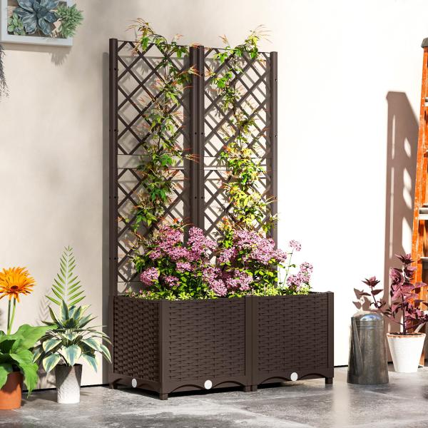 Floreira com Treliça de PP com Drenagem e Amplo Espaço para Plantas Trepadoras Vaso com Suporte para Jardim 80x40x135 cm Marrom