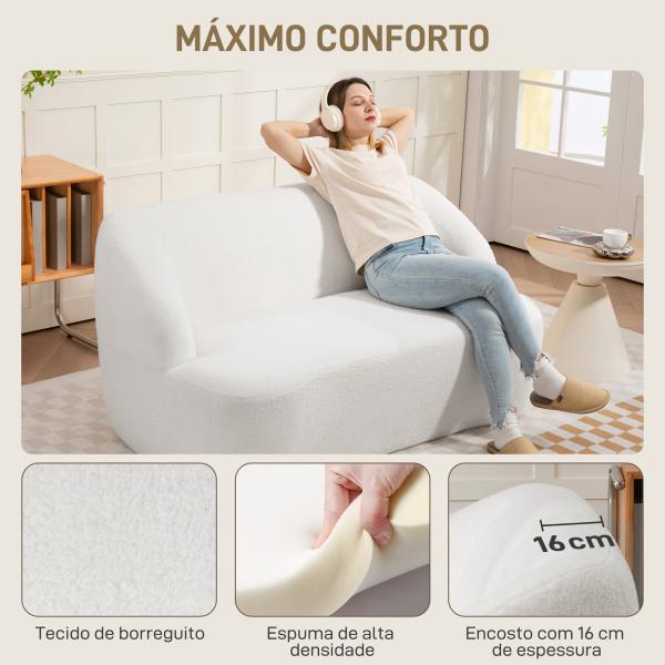 Sofá de 2 Lugares Estofado em Borreguito Sofá de Sala de Estar com Desenho Curvo e Acolchoamento Grosso142x85x73,5 cm Creme