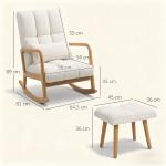 Poltrona de Baloiço com Apoio para os Pés Estofado em Bouclé com Almofada Acolchoada Encosto Ergonómico Apoios de Braços e Pés de Madeira 64,5x82x89 cm Branco