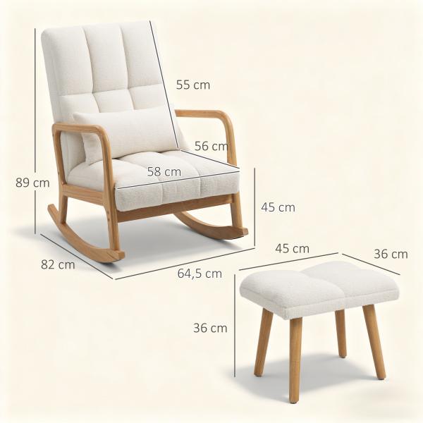 Poltrona de Baloiço com Apoio para os Pés Estofado em Bouclé com Almofada Acolchoada Encosto Ergonómico Apoios de Braços e Pés de Madeira 64,5x82x89 cm Branco