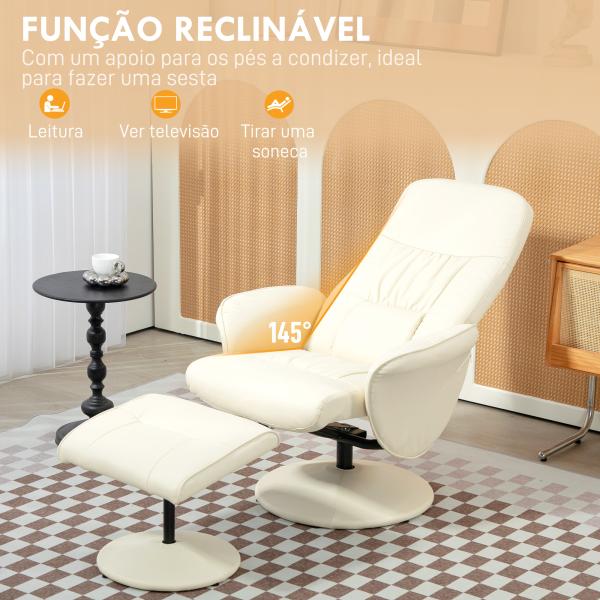 Poltrona Relax com Apoio para os Pés Estofada em PU Reclinável até 145° e Giratório 360° com Encosto Ajustável 81x81x105cm Creme