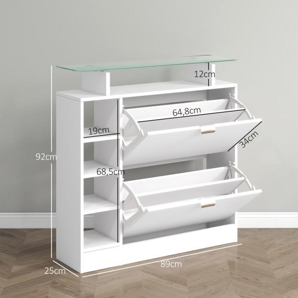 Sapateiro com Gavetas Basculantes, Prateleiras Ajustáveis e Prateleiras Abertas para 12 Pares de Sapatos 89x25x92 cm Branco