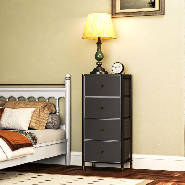 Cómoda para Dormitório Cómoda de Tecido com 4 Gavetas Dobráveis com Frentes de Couro PU 46x30x98 cm Preto