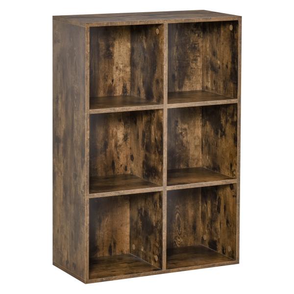 Estante de 3 Níveis Prateleira para Livros com 6 Cubos de Arrumação para Escritório 65,5x30x97,5 cm Castanho Rústico