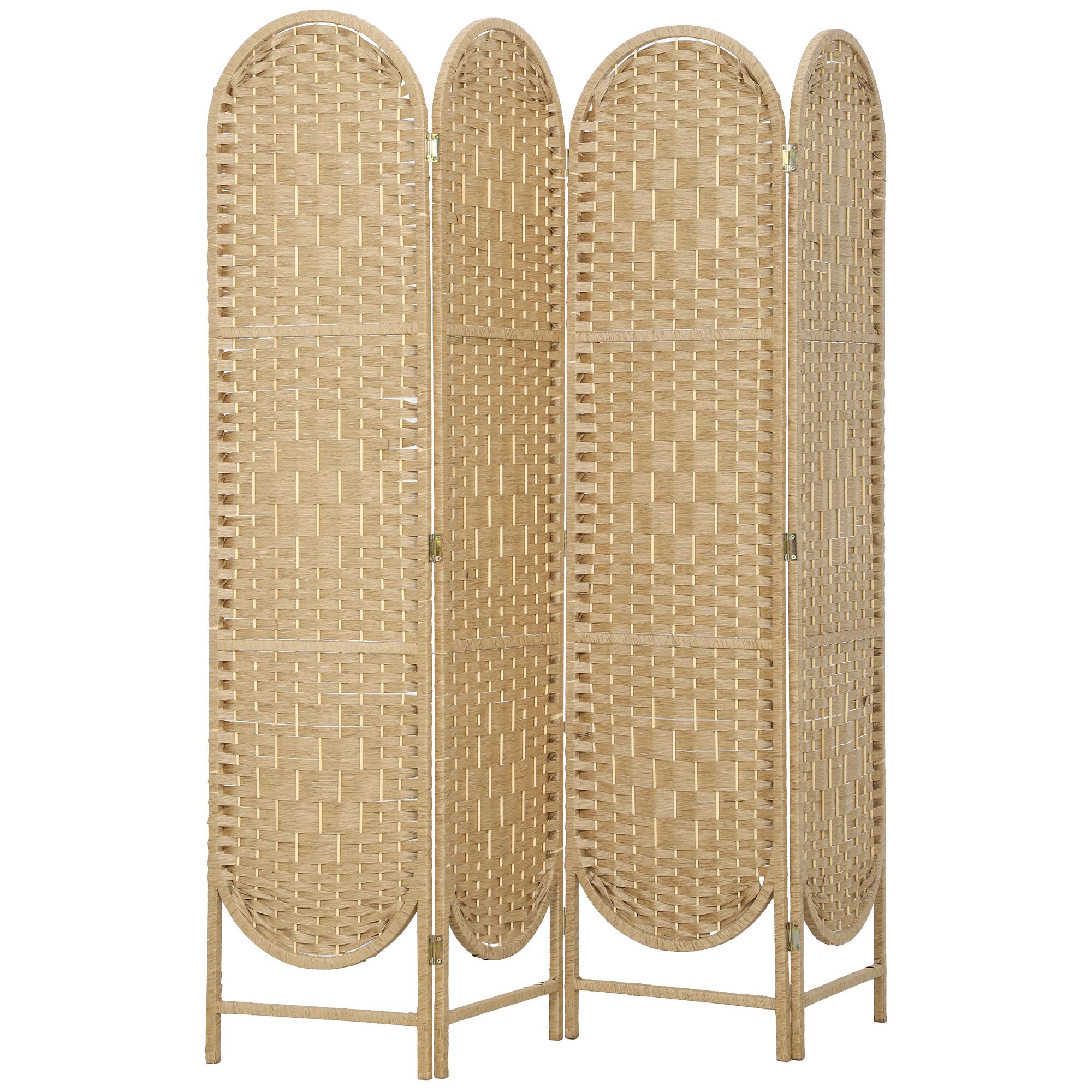 Biombo Separador de 4 Painéis 160x170 cm Painel de Privacidade Dobrável Boémio com Topo Arqueado Entrançado à Mão Madeira
