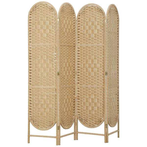 Biombo Separador de 4 Painéis 160x170 cm Painel de Privacidade Dobrável Boémio com Topo Arqueado Entrançado à Mão Madeira