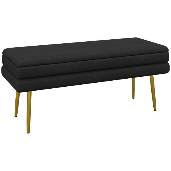 Baú de Arrumação para Quarto 39 L em Veludo com Pés de Aço 100x37,5x42 cm Preto
