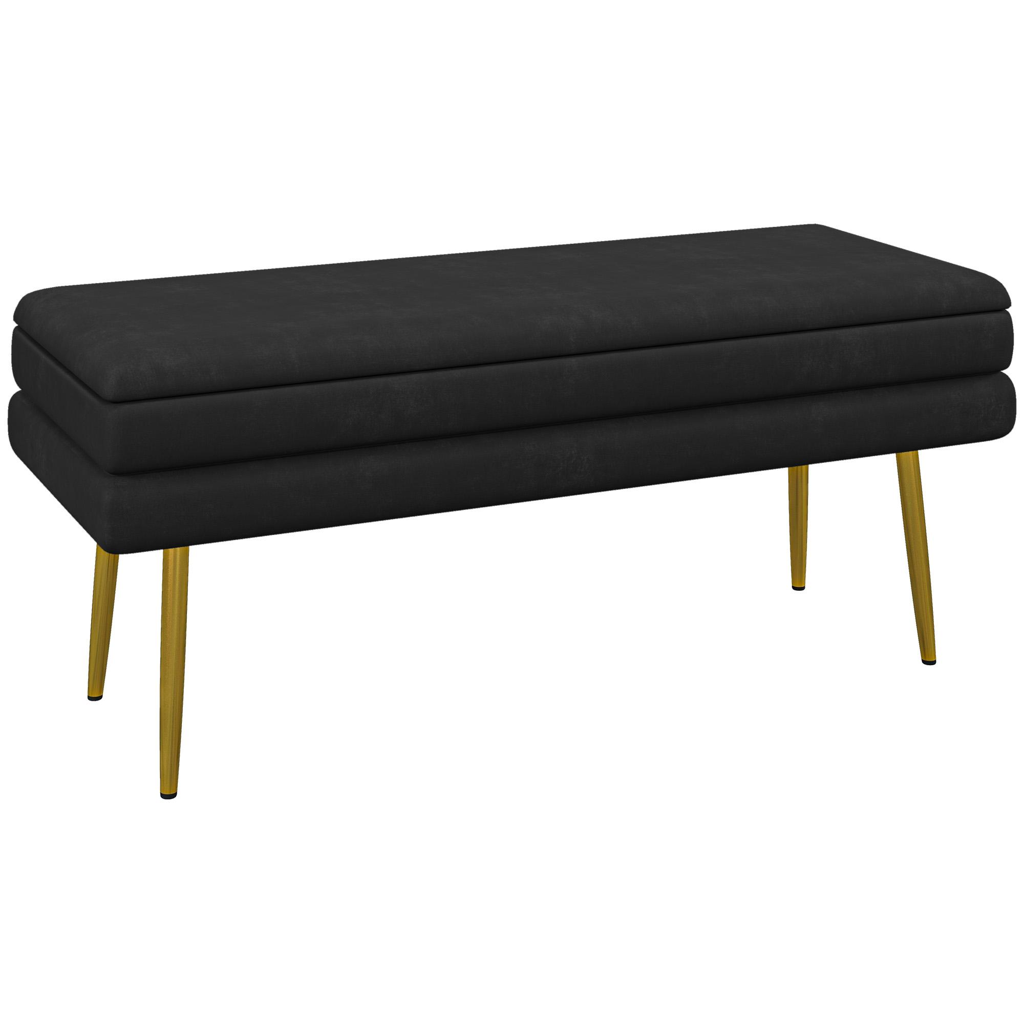 Baú de Arrumação para Quarto 39 L em Veludo com Pés de Aço 100x37,5x42 cm Preto