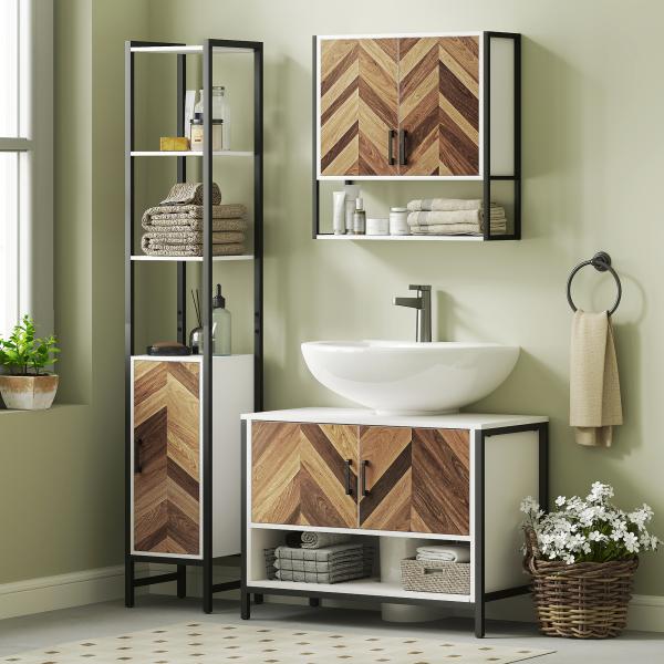 Móvel para Lavatório Pousar Móvel Casa de Banho com 2 Portas e Compartimento Aberto para Lavatório com ou sem Pedestral 80x40x60 cm Branco e Madeira
