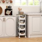 Carrinho de Cozinha de Armazenamento de 5 Níveis Carrinho Auxiliar com Rodas Bancada com Efeito Madeira 39,5x24x82 cm Branco