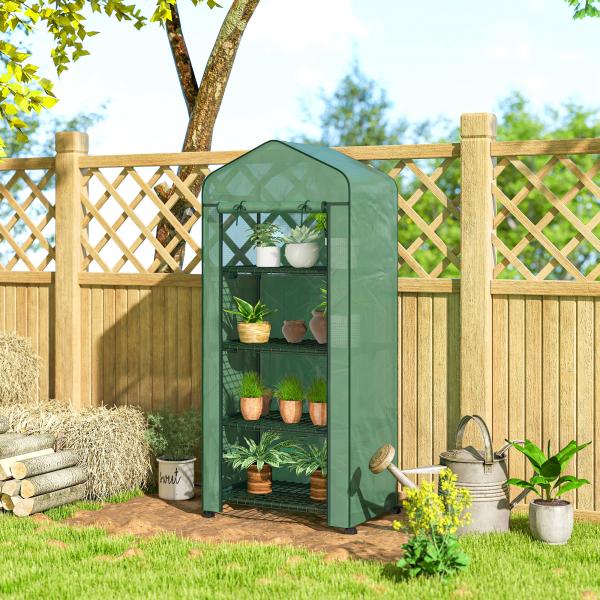 Estufa de Exterior com 4 Prateleiras e Rodas Porta Enrolável Estrutura em Aço e Cobertura de PE 140g/㎡ Anti - UV 69x50x165 cm Verde