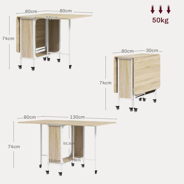 Mesa de Cozinha Dobrável Mesa de Refeição Dobrável com Rodas Laterais Abatíveis e Prateleira 130x80x74 cm Madeira e Branco