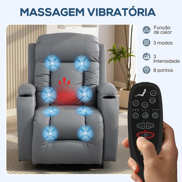 Poltrona de Massagem Giratória Poltrona Relax Reclinável com 8 Pontos de Massagem Função de Aquecimento 82x99x103 cm Cinzento