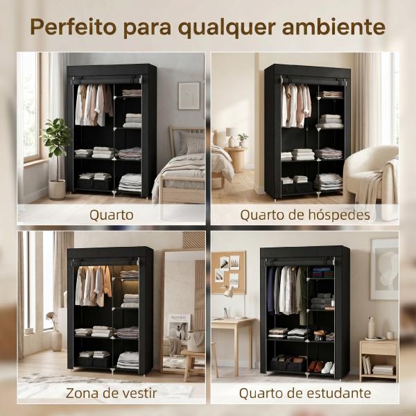 Roupeiro de Tecido Dobrável com 6 Prateleiras e 1 Barra de Pendurar para Dormitório Vestidor 103x43x162,5 cm Preto