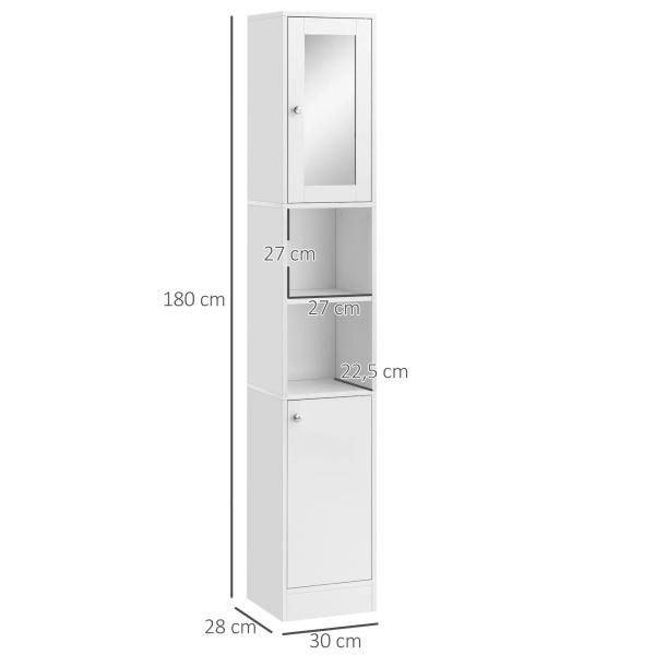 Coluna Casa de Banho com Espelho Móvel Alto Casa de Banho Madeira com 2 Prateleiras Abertas e 2 Portas com Prateleiras Interiores Ajustáveis 30x28x180cm Branco