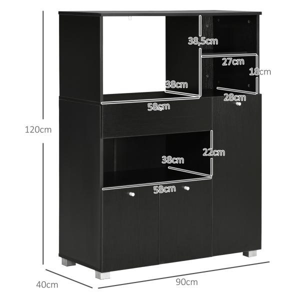 Aparador Auxiliar para Microondas Buffet de Cozinha com 2 Armários com Portas 1 Gaveta e Prateleiras 90x40x120 cm Preto
