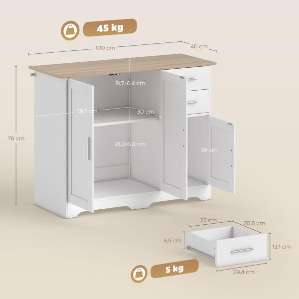 Aparador para Sala com 2 Gavetas, Armário de Cozinha com Prateleira Ajustável, 100 x 40 x 78 cm, Branco e Natural