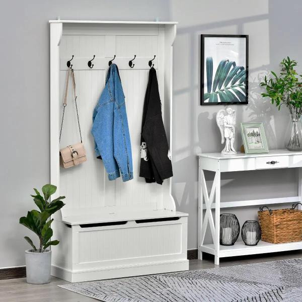Móvel Cabide de Entrada com Banco Armário de Entrada com Cabide 5 Ganchos e Espaço de Armazenamento 96x34x179,7cm Marfim