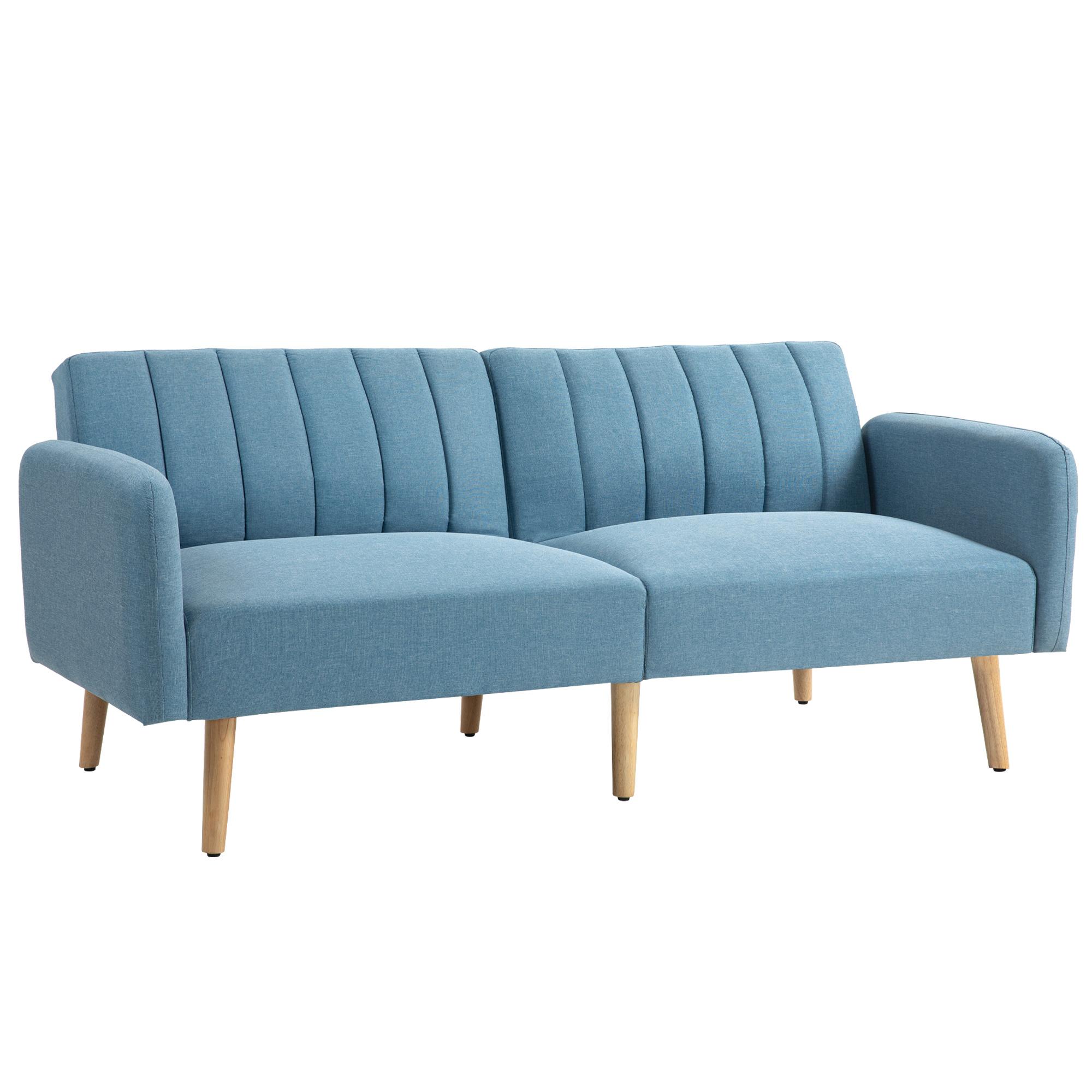 Sofá Cama de 2 Lugares com Encosto Ajustável em 3 Posições Apoio para os Braços e Pés de Madeira 173x75x73 cm Azul Claro