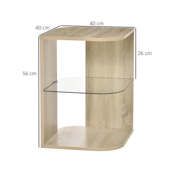 Mesa Auxiliar Moderna Mesa de Cabeceira com 3 Prateleiras 1 de Vidro para Sala de Estar Dormitório 40x40x56cm Madeira Natural