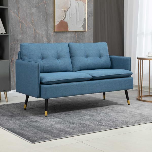 Sofá de 2 Lugares Moderno Estofado em Poliéster com 4 Almofadas Apoio para os Braços e Pés de Aço 139x68x80 cm Azul
