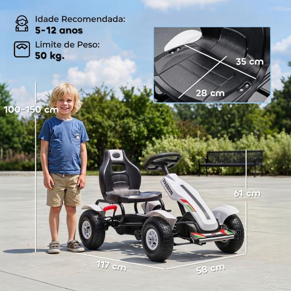 Kart a Pedais para Crianças com Assento Ajustável Pneus de Goma Travão de Mão para Crianças de 5 - 12 Anos 121x58x61 cm Branco