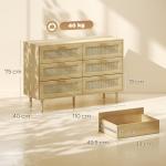 Cómoda para Quarto com 6 Gavetas e Frontal de Vime Pés de Madeira Estilo Bohemio 110x40x75 cm Madeira