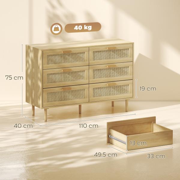 Cómoda para Quarto com 6 Gavetas e Frontal de Vime Pés de Madeira Estilo Bohemio 110x40x75 cm Madeira