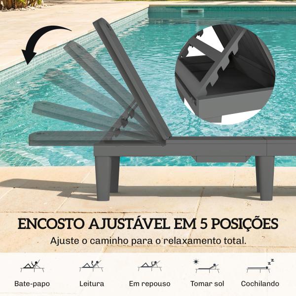 Conjunto de 2 Espreguiçadeiras Reclináveis de Plástico PP com Bandeja Lateral Encosto Ajustável em 5 Posições 192x57x28,5 cm Cinzento