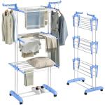 Estendal Dobrável para Roupa com Rodas Estendal Vertical de Aço com 3 Níveis Laterais Dobráveis 73x64x177cm Azul e Branco