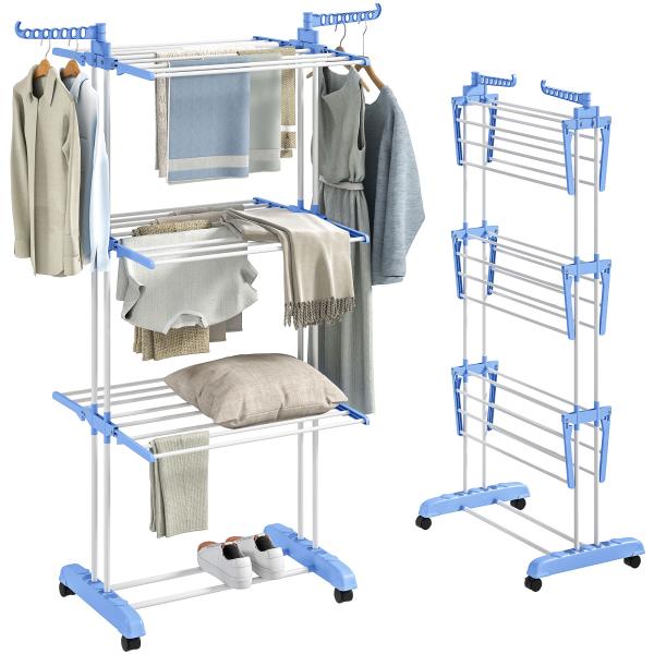 Estendal Dobrável para Roupa com Rodas Estendal Vertical de Aço com 3 Níveis Laterais Dobráveis 73x64x177cm Azul e Branco