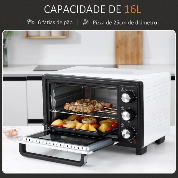 Mini Forno 16 L 1400 W com 3 Modos de Aquecimento Temperatura até 230°C Temporizador 60 Minutos Bandeja para Assar e Grade 44x32x28,1 cm Branco e Preto