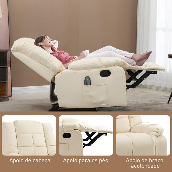 Poltrona de Massagem Poltrona Relax Reclinável com 8 Pontos de Massagem Controlo Remoto Estofada em PU 94x99x99 cm Creme