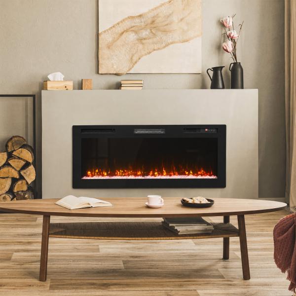 Lareira Elétrica Ultrafina 900/1800 W Encastrável/Mural/De Pé, 12 Cores de Chama 3D, Comando à Distância, até 35 m², Preta