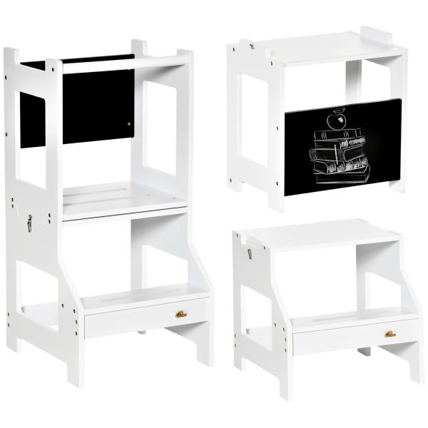 Torre de Aprendizagem para Crianças 3 - 6 Anos de Madeira Torre de Aprendizagem Infantil Convertível em Secretária com Ardósia e Barra de Segurança para Casa de Banho Cozinha 42x44x86cm Branco