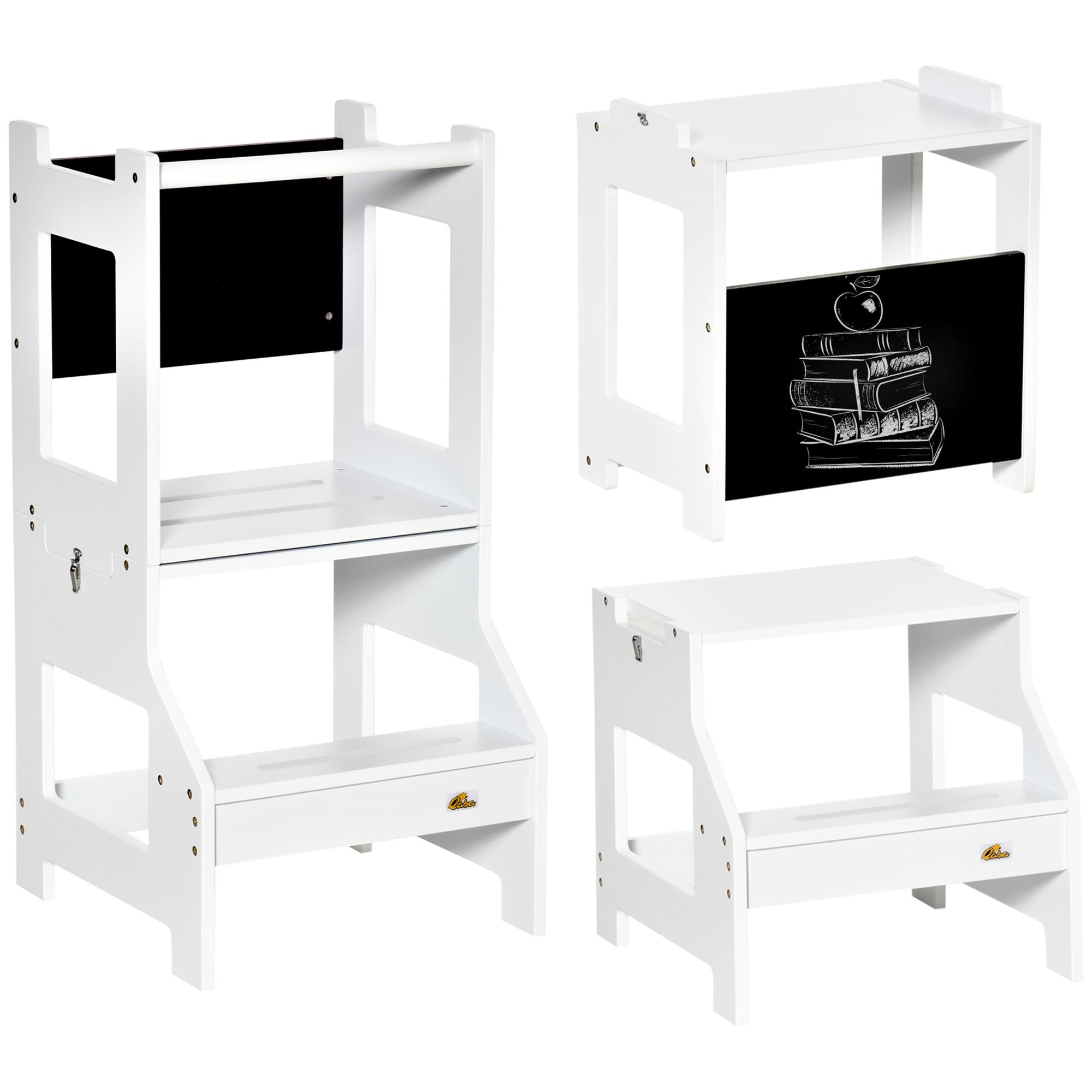 Torre de Aprendizagem para Crianças 3 - 6 Anos de Madeira Torre de Aprendizagem Infantil Convertível em Secretária com Ardósia e Barra de Segurança para Casa de Banho Cozinha 42x44x86cm Branco