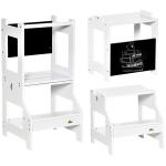 Torre de Aprendizagem para Crianças 3 - 6 Anos de Madeira Torre de Aprendizagem Infantil Convertível em Secretária com Ardósia e Barra de Segurança para Casa de Banho Cozinha 42x44x86cm Branco