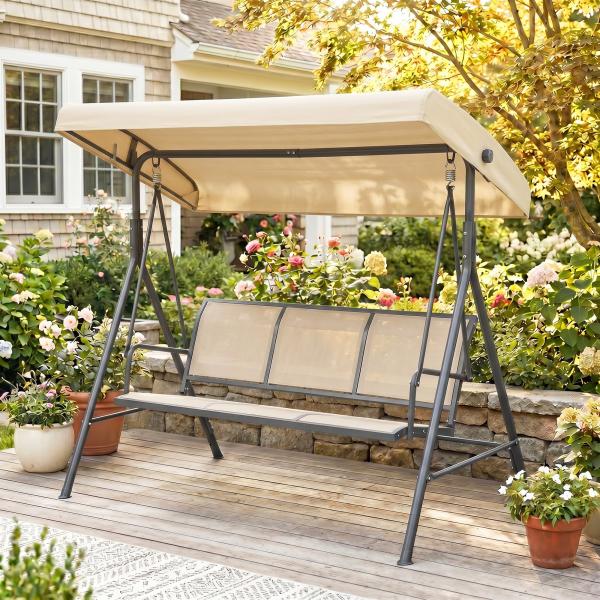 Baloiço de Jardim Exterior de 3 Lugares com Toldo Reclinável Assento Respirável e Estrutura de Aço 175x118x159 cm Bege
